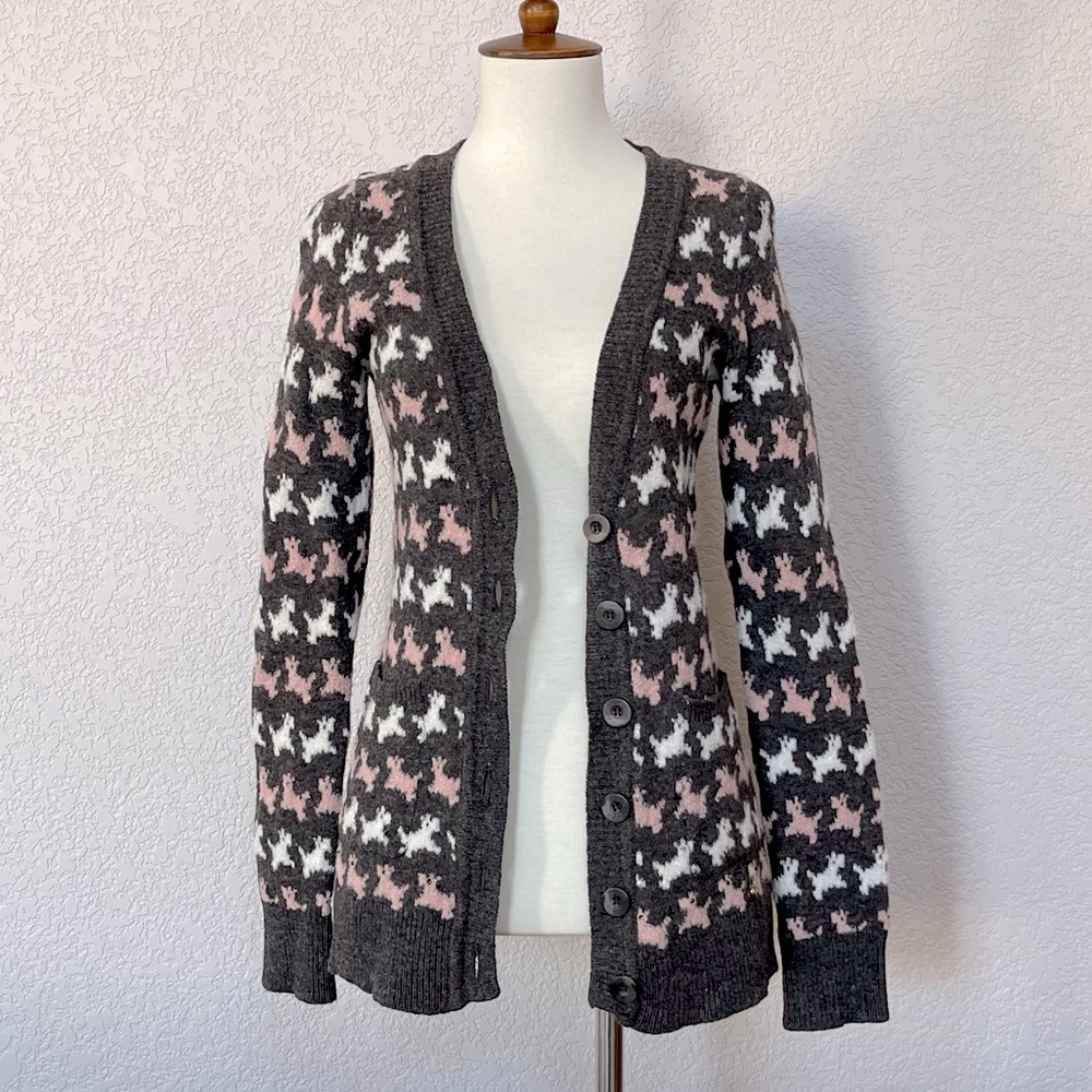 NWOT Anthropologie HWR brown cardigan sweater with pink & cream Scottie dogs